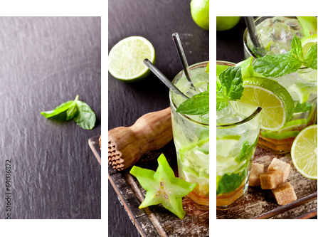 Fresh mojito drinks on black stone  - Dreiteiliges Leinwandbild, Triptychon