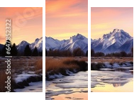 Captured in breathtaking panorama, the mountain range reveals its regal beauty under the canvas of a sunset sky. - Dreiteiliges Leinwandbild, Triptychon