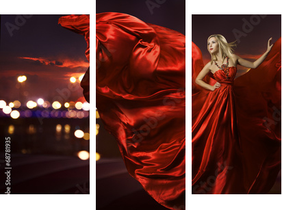 woman dancing in silk dress, artistic red blowing gown waving  - Dreiteiliges Leinwandbild, Triptychon