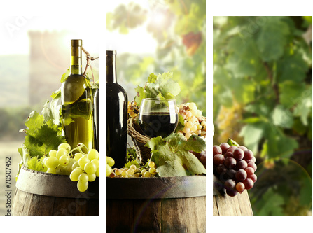 Wine with cask and vineyard  - Dreiteiliges Leinwandbild, Triptychon
