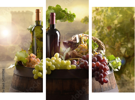 Bottles of wine with barrel on vineyard  - Dreiteiliges Leinwandbild, Triptychon