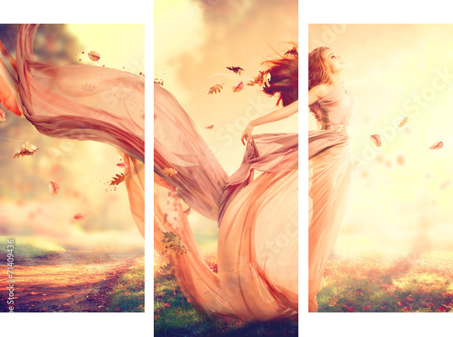 Autumn fantasy girl, fairy in blowing chiffon dress  - Dreiteiliges Leinwandbild, Triptychon