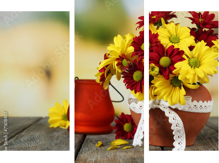 Beautiful chrysanthemum in pot with candlestick  - Dreiteiliges Leinwandbild, Triptychon