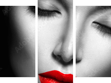 Beautiful sexy woman  with red lips, nails and rose flower  - Dreiteiliges Leinwandbild, Triptychon