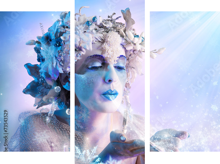 Winter portrait  blowing snowflakes  - Dreiteiliges Leinwandbild, Triptychon