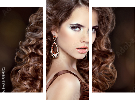 Beautiful fashion woman model with wavy long hair and fashion ea  - Dreiteiliges Leinwandbild, Triptychon
