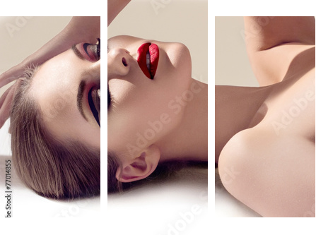 Beautiful young model with red lips. Gorgeous Woman Face.  - Dreiteiliges Leinwandbild, Triptychon