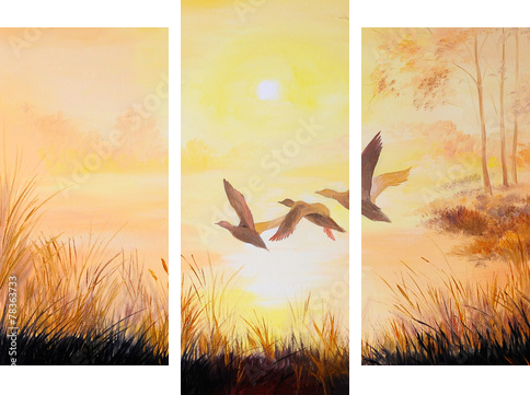 oil painting - Cranes at sunset, art work - Dreiteiliges Leinwandbild, Triptychon