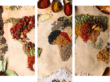 Map of world made from different kinds of spices, close-up  - Dreiteiliges Leinwandbild, Triptychon