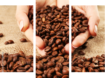 Female hands with coffee beans in shape of heart  - Dreiteiliges Leinwandbild, Triptychon