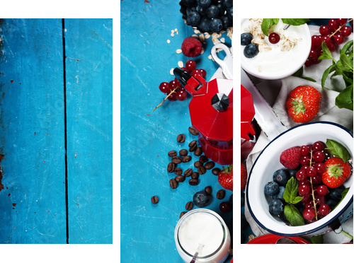 Healthy breakfast - yogurt with muesli and berries - health and  - Dreiteiliges Leinwandbild, Triptychon