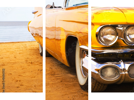 Classic yellow flame painted Cadillac at beach - Dreiteiliges Leinwandbild, Triptychon