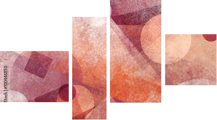 abstract modern geometric background design with various textures and shapes, floating circles squares diamonds and triangles in orange white and burgundy pink colors, artistic composition layout - Vierteiliges Leinwandbild, Viertychon