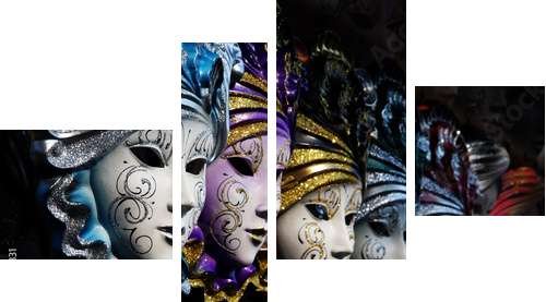 Row of venetian masks in gold and blue - Vierteiliges Leinwandbild, Viertychon