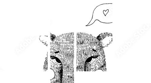 Hand drawn cute bear hand illustration. Ink sketch with wild animal - bear with bow tie, cheeks and speech bubble with heart - Vierteiliges Leinwandbild, Viertychon