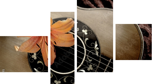 Nostalgia with vintage guitar and lily - Vierteiliges Leinwandbild, Viertychon