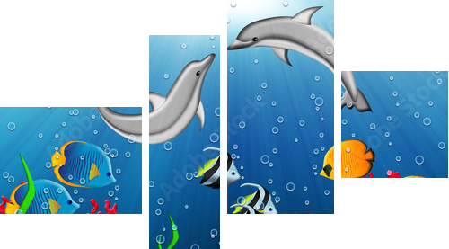 Underwater world with dolphins and tropical fishes - Vierteiliges Leinwandbild, Viertychon