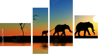 Rodzina słoni w promieniach słońca
 - Vierteiliges Leinwandbild, Viertychon