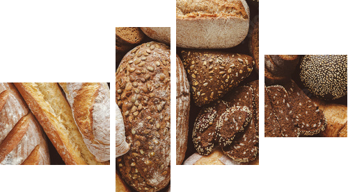 Bread background, top view of white, black and rye loaves - Vierteiliges Leinwandbild, Viertychon