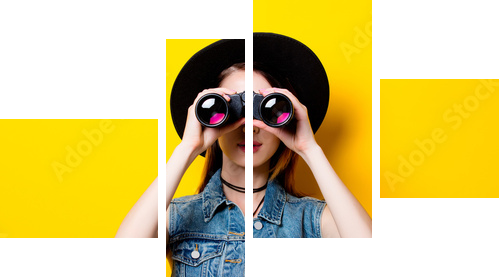 woman in hat with binocular - Vierteiliges Leinwandbild, Viertychon