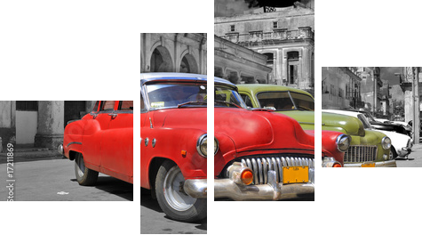 Colorful Havana cars panorama - Vierteiliges Leinwandbild, Viertychon