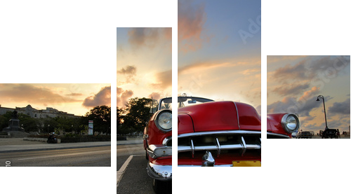 Red car in Havana sunset - Vierteiliges Leinwandbild, Viertychon