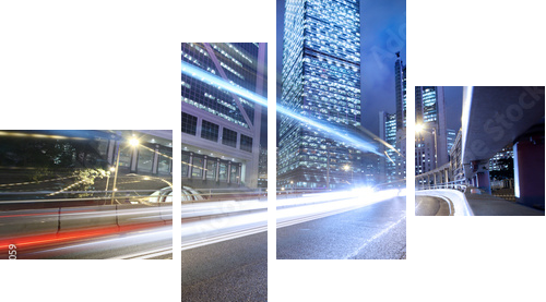 Fast moving cars lights blurred over modern city background - Vierteiliges Leinwandbild, Viertychon