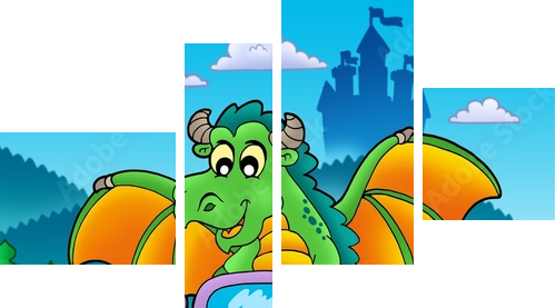 Green dragon driving car - Vierteiliges Leinwandbild, Viertychon
