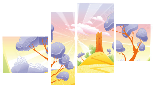 Landscape with tower. Funny cartoon and vector illustration. - Vierteiliges Leinwandbild, Viertychon