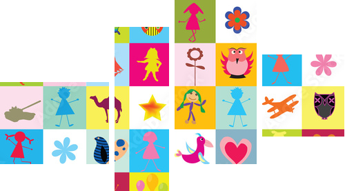 Pattern with toys and kids for kindergarten - Vierteiliges Leinwandbild, Viertychon