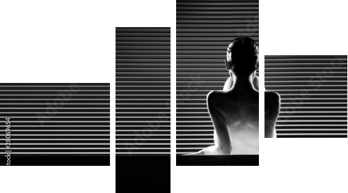 black and white back view artistic nude, on striped background - Vierteiliges Leinwandbild, Viertychon