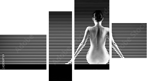 black and white artistic nude; a back silhouette shot on striped - Vierteiliges Leinwandbild, Viertychon