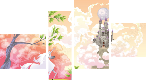 Unicorn and mythological landscape Vector illustration - Vierteiliges Leinwandbild, Viertychon
