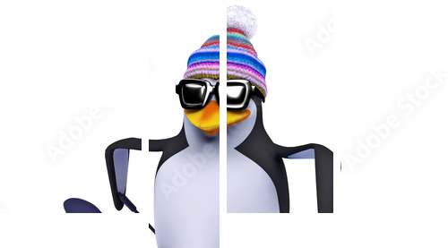 3d Penguin skiing like a pro - Vierteiliges Leinwandbild, Viertychon
