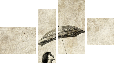 Girl with umbrella on bike Photo in old image style - Vierteiliges Leinwandbild, Viertychon