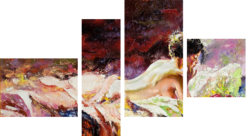 The naked girl laying on a bed - Vierteiliges Leinwandbild, Viertychon