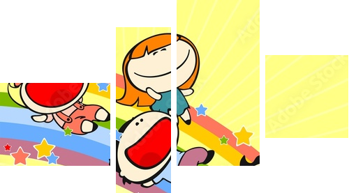 Kids sliding on a rainbow - Vierteiliges Leinwandbild, Viertychon