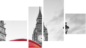Red phone booth in London with the Big Ben in black and white - Vierteiliges Leinwandbild, Viertychon