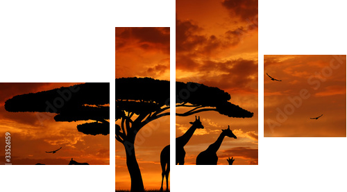 herd of giraffes in the setting sun - Vierteiliges Leinwandbild, Viertychon
