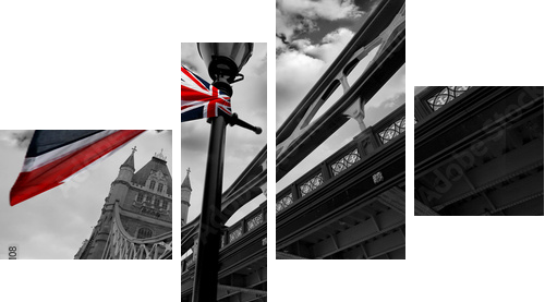 London Tower Bridge with colorful flag of England - Vierteiliges Leinwandbild, Viertychon