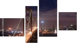 Nocna panorama Bay Bridge w San Francisco
 - Vierteiliges Leinwandbild, Viertychon