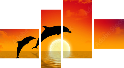 illustration of two dolphins swimming in sunset - Vierteiliges Leinwandbild, Viertychon