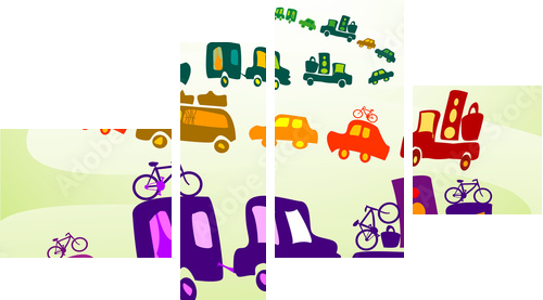 cars caravan, Group of kids playing in a landscape - Vierteiliges Leinwandbild, Viertychon