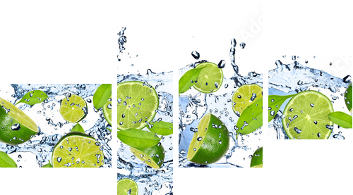 Fresh limes in water splash,isolated on white background - Vierteiliges Leinwandbild, Viertychon