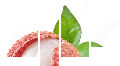 Lychee with leaves on a white background. - Vierteiliges Leinwandbild, Viertychon