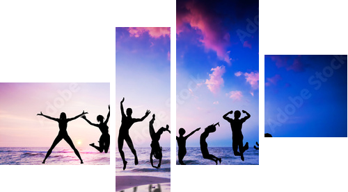 People and dog jumping on the beach. Happiness - Vierteiliges Leinwandbild, Viertychon