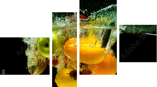 Fruit and vegetables splash into water - Vierteiliges Leinwandbild, Viertychon