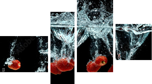 Strawberry Fruit Splash on water - Vierteiliges Leinwandbild, Viertychon