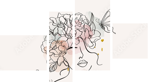 Women and flowers line art. Girl with flowers and leaves one line vector drawing. Portrait continuous line art drawing for prints, tattoos, cosmetics, fashion, Beauty salon and wall home decoration. - Vierteiliges Leinwandbild, Viertychon