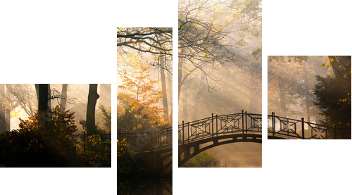 Autumn - Old bridge in autumn misty park - Vierteiliges Leinwandbild, Viertychon